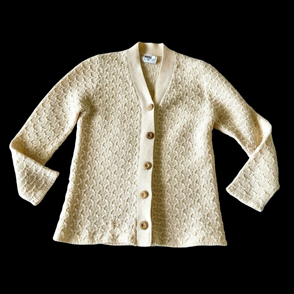 Vintage 60's Montgomery‎ Ward Ivory Textured Knit V-Neck Cardigan Sweater Medium